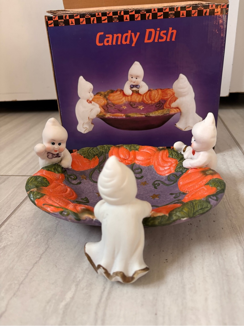 Vintage Halloween Cute Spooky Ghosts Porcelain Candy Dish 7" x 8.5" OPEN BOX